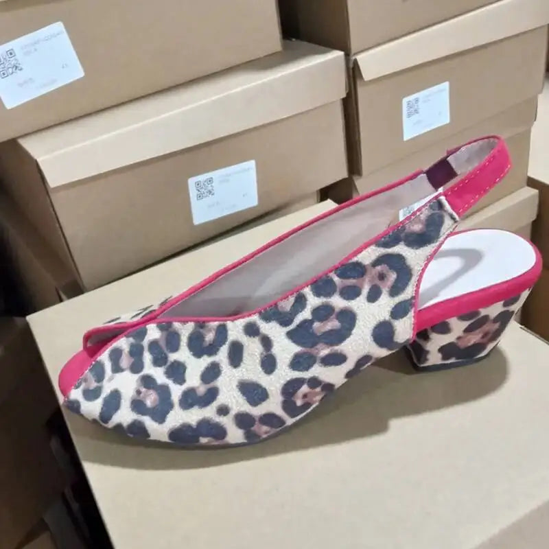 Leopard Print Peep Toe Slingback Women's Sandals Chunky Heels Sandals Office Shoes