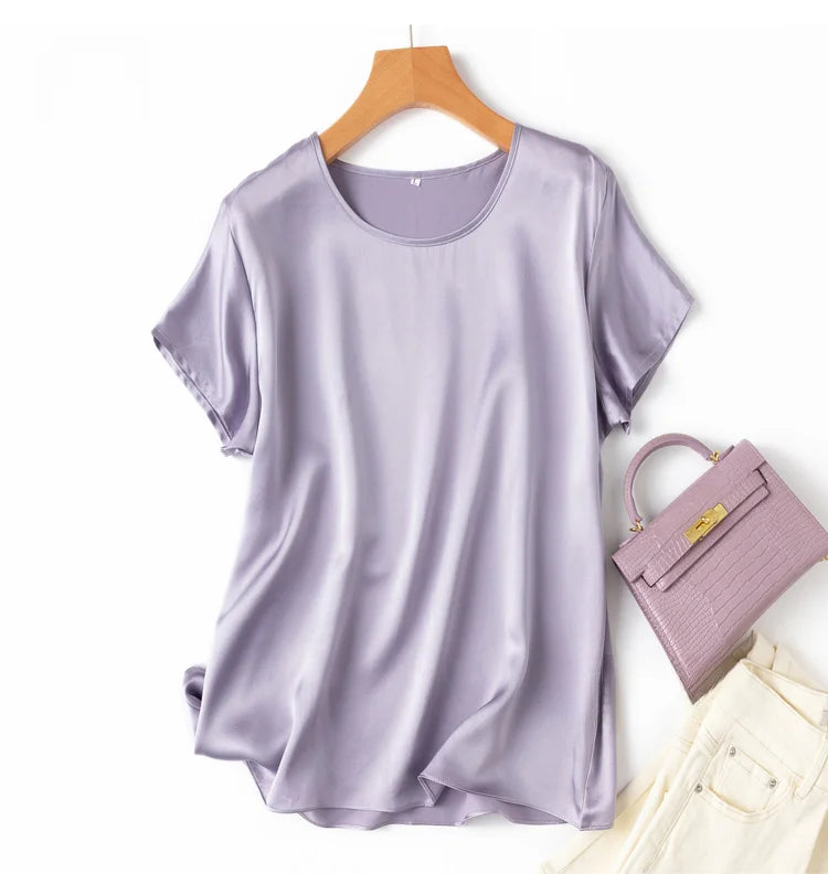 100% Mulberry Silk 19 Momme Charmeuse Silk Women Tank Top T-shirt Short Sleeve Shirt Blouse Solid Colors Summer M L XL AA4270