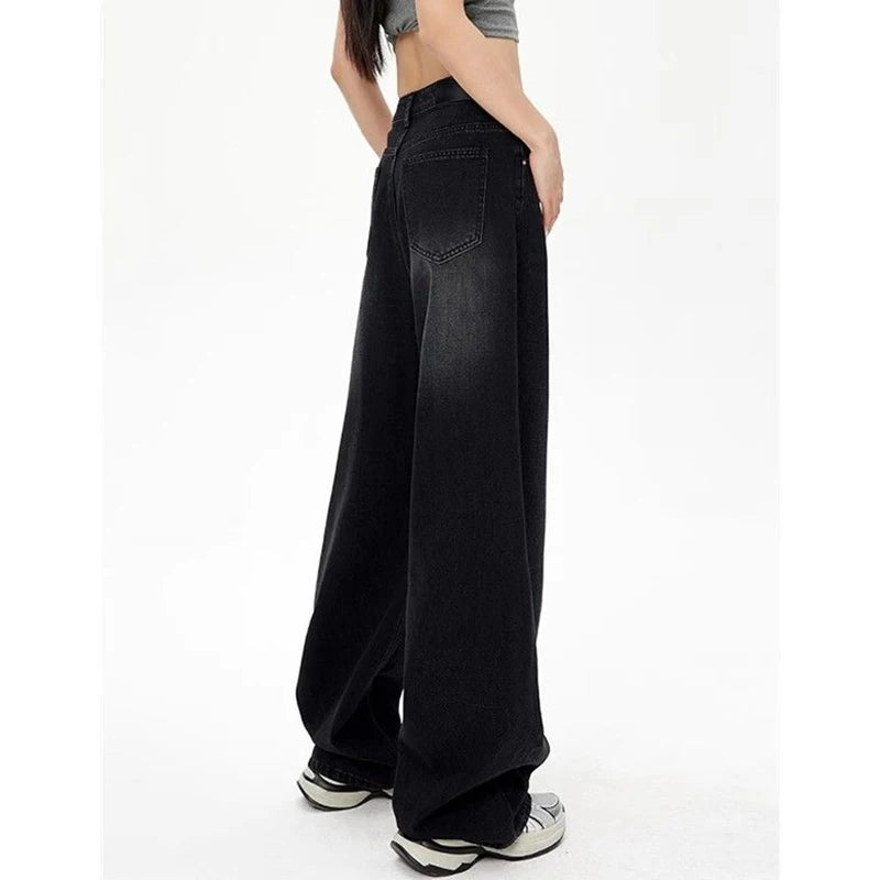 Retro High Waist Straight Leg Jeans - Washed Black Loose Fit