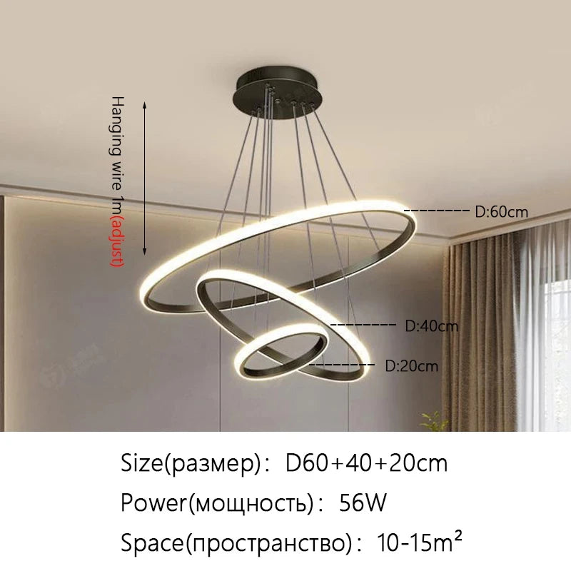 Triple Ring LED Pendant Light – Black/Gold, 60-40-20cm, 3-Color