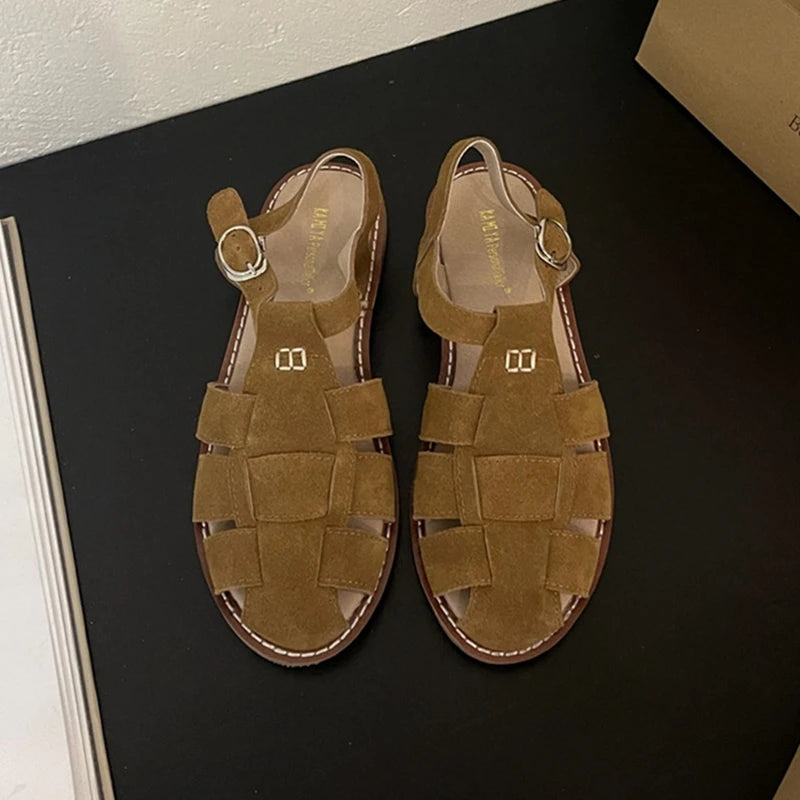 DIMANYU Women's Roman Sandals 2023 Summer New Flat Retro Real Leather Ladies Sandals Hollowed Women's Cage Shoes