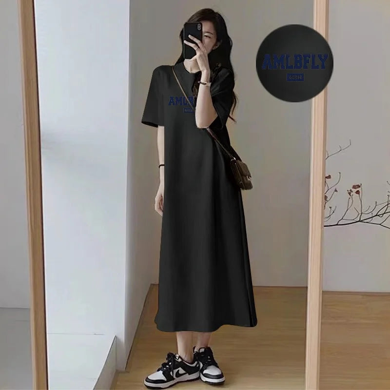 Women's Loose T-shirt Dress Plus Size Summer Casual Letter Print Short Sleeve O-neck Split Long Dress