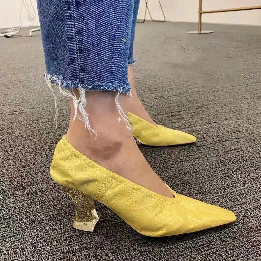 Pink Small Square Head Retro Heels for Ladies Genuine Leather Transparent Crystal High Heels Comfortable Sheepskin Women's Pumps