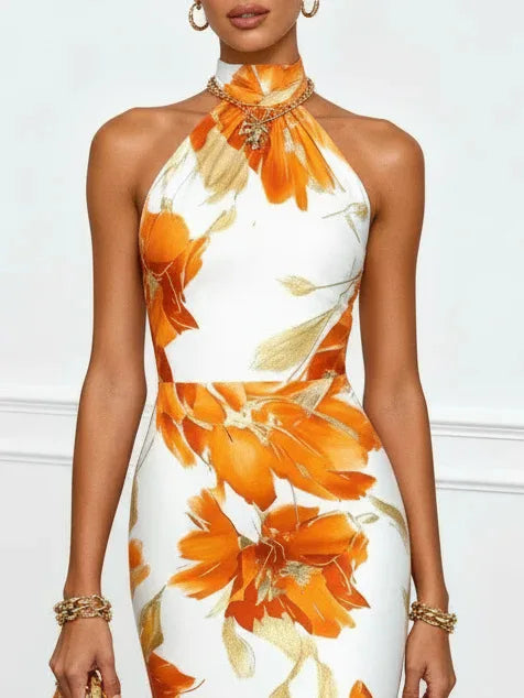 2026 Women's Sexy Slim Fit Hip-covering Floral Printed Halter Dress