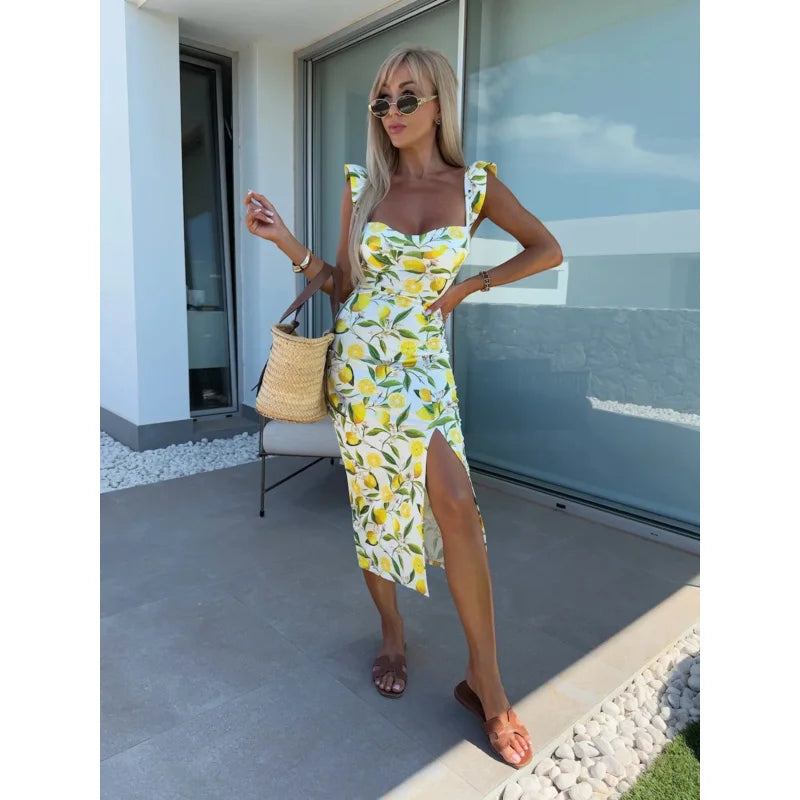 Women's Floral Ruffled Midi Dress Square Neck Side Slit Ideal for Summer Vacations Beach Outings Bohemian Styles