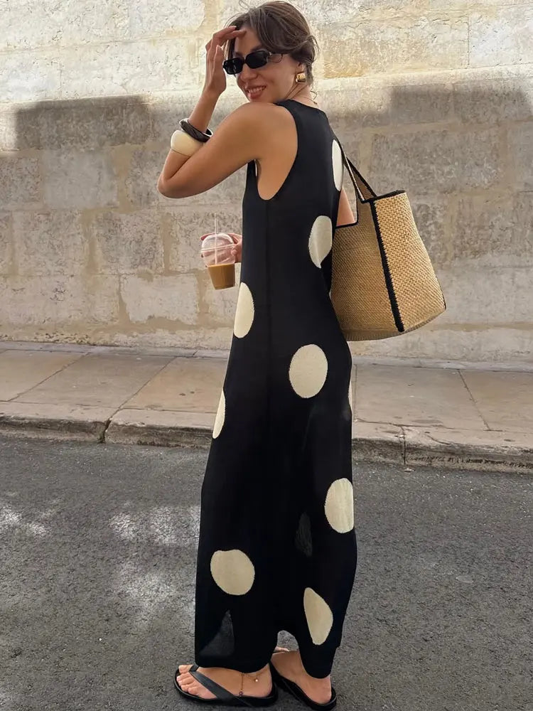 Women's Oversized Polka Dot Sleeveless Knit Maxi Dress – Editorial Style