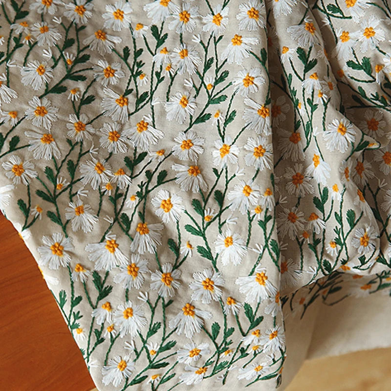 Retro Daisy Embroidery Cotton Linen Fabric – 135cm Wide