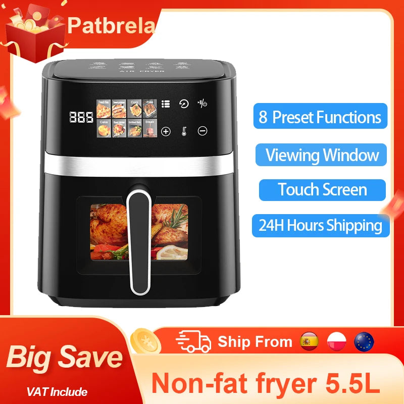 5.5L Air Fryer 1350W Oil-Free Viewing Window 8 Presets