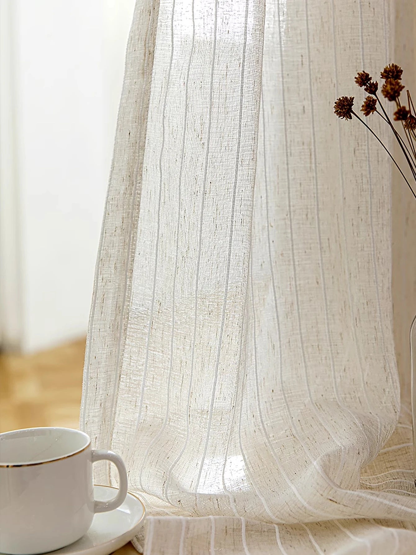 STRIPED LINEN SHEER CURTAINS - Beige Voile Panel, 4 Headings - Quiet Stripes, Easy Light