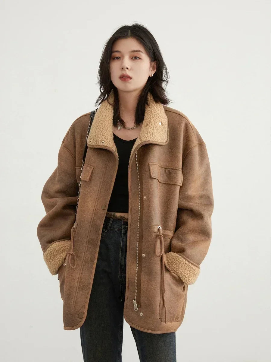 Women's Reversible Jacket - Coffee Suede Look - Autumn Ease