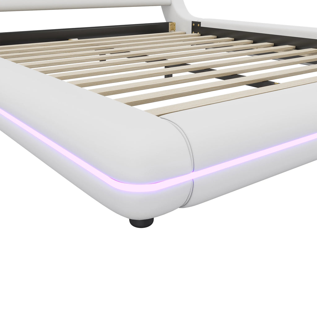 LED Floor Bed 160x200cm – RGB Remote, PU, White