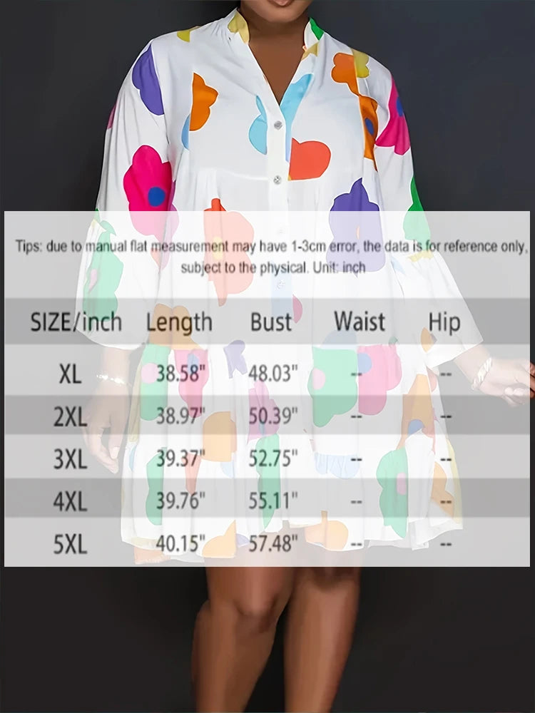 Floral Printed plus Size Women's Dress Autumn Casual Loose V-Neck Button Detail Streetwear Polyester Pleated Fashion 2025