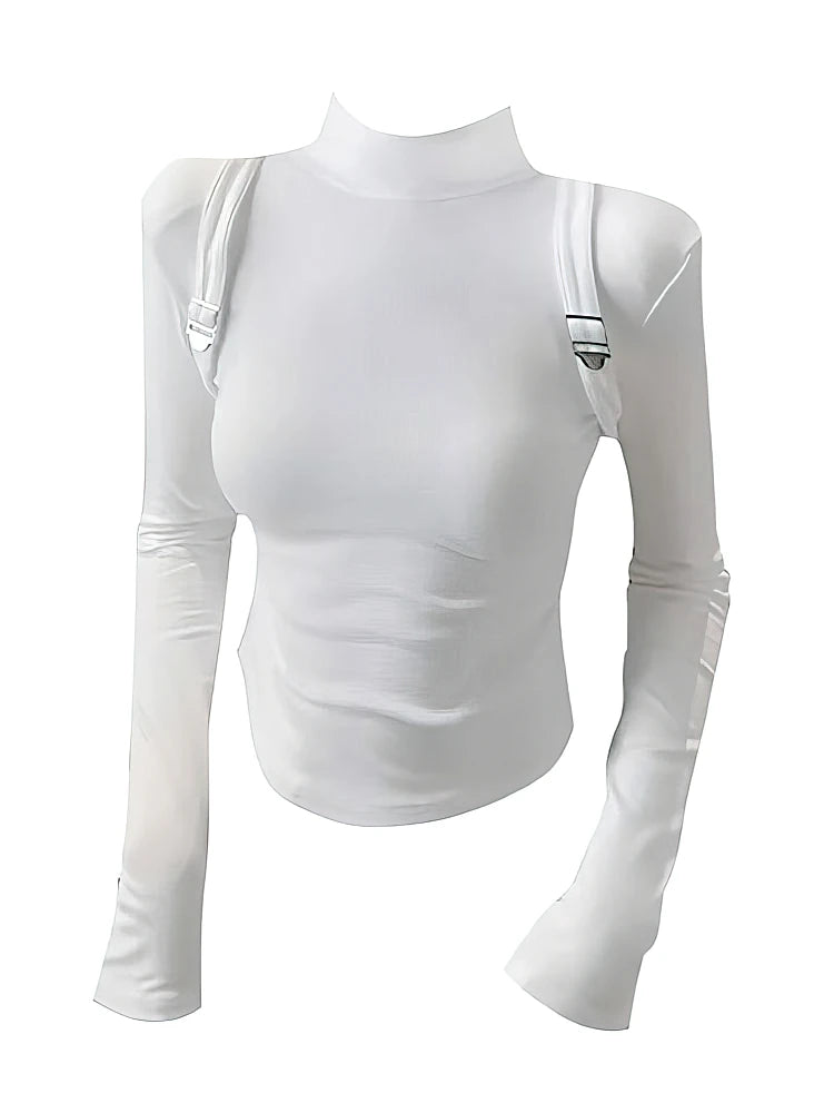 2000S Vintage Fleece Turtleneck Long Sleeve T-shirt Women With Suspender Y2k Basic Tops Autumn Winter Fashion Cropped Tees Shirt