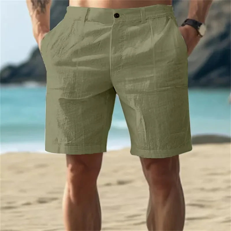 2025 Men's Solid Color Casual Short Pants Linen Beach Breathable Comfortable Straight Short Trousers Hawaiian Holiday Men's Pants