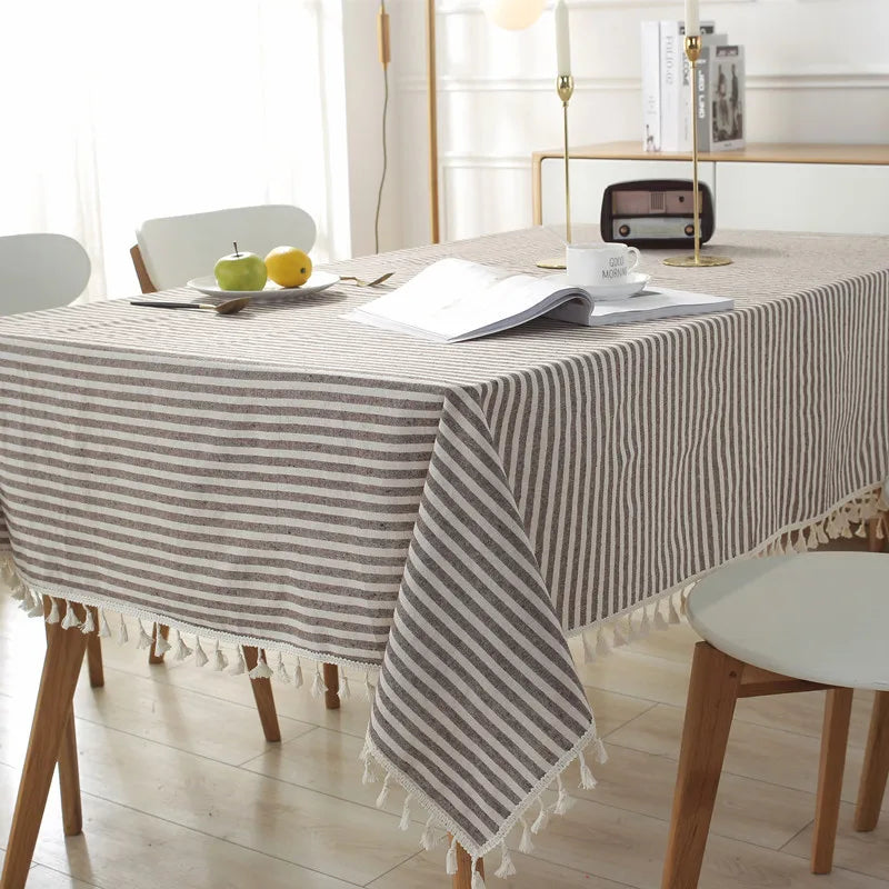 STRIPED COTTON LINEN TABLECLOTH - Tassel Trim, 5 Colors & 11 Sizes - Laid Tables