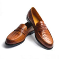 Men's Snake Print Penny Loafers - Genuine Leather Slip-On Pointed Toe Driving Shoes