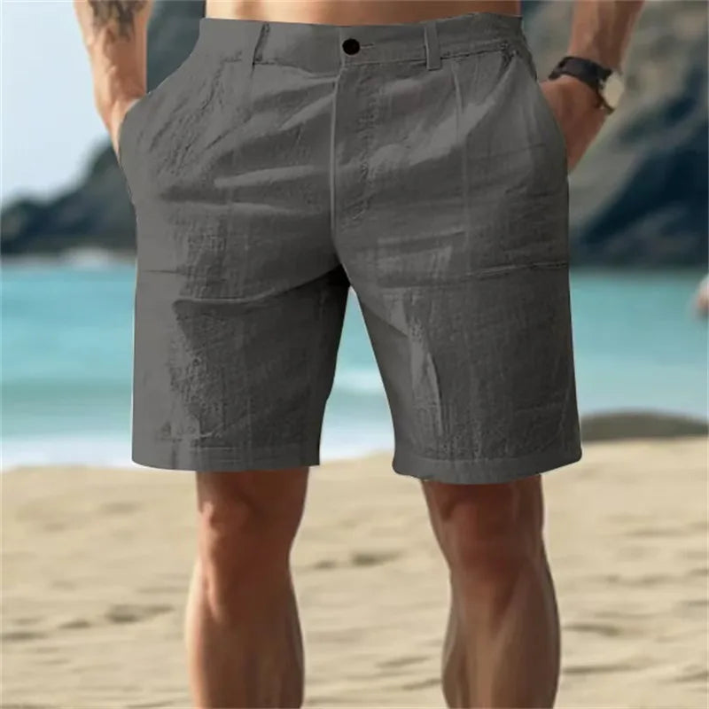 2025 Men's Solid Color Casual Short Pants Linen Beach Breathable Comfortable Straight Short Trousers Hawaiian Holiday Men's Pants
