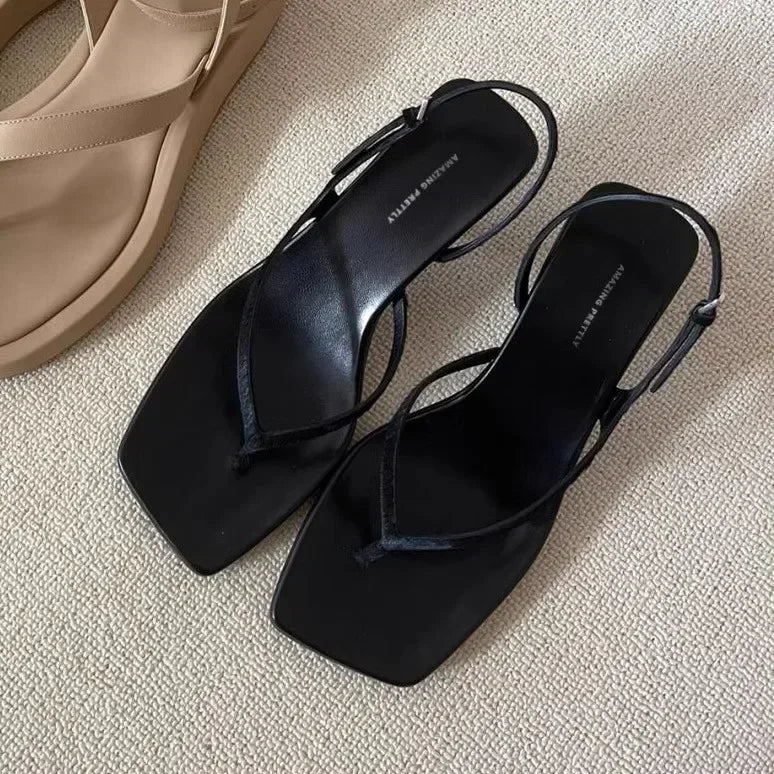 Retro Square Toe Clip Toe Sandals Kitten Heel Back Strap Brown Solid Concise French Style Sexy Fashion Women's Shoes Summer Casual