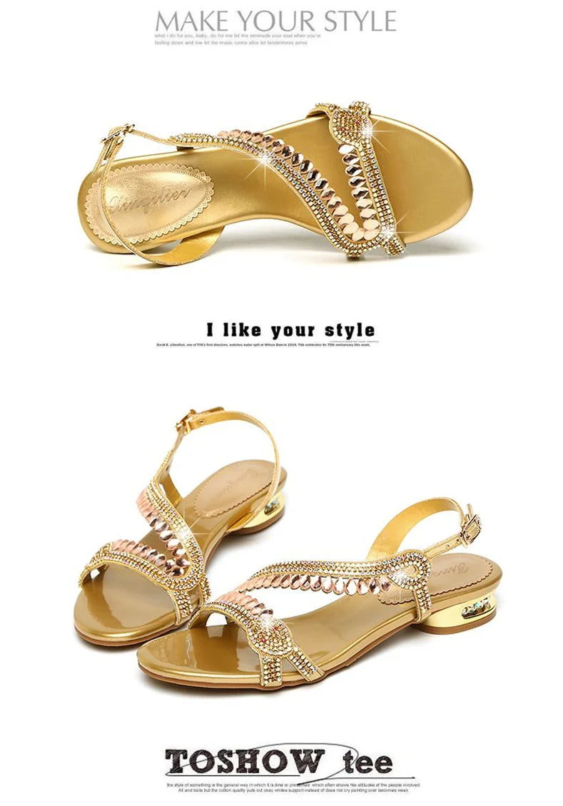 High-grade Rhinestones Fashion New Women's Summer Young Elegant Sandals Thick Heel Leisure Flat Bottomed Beach Sandals