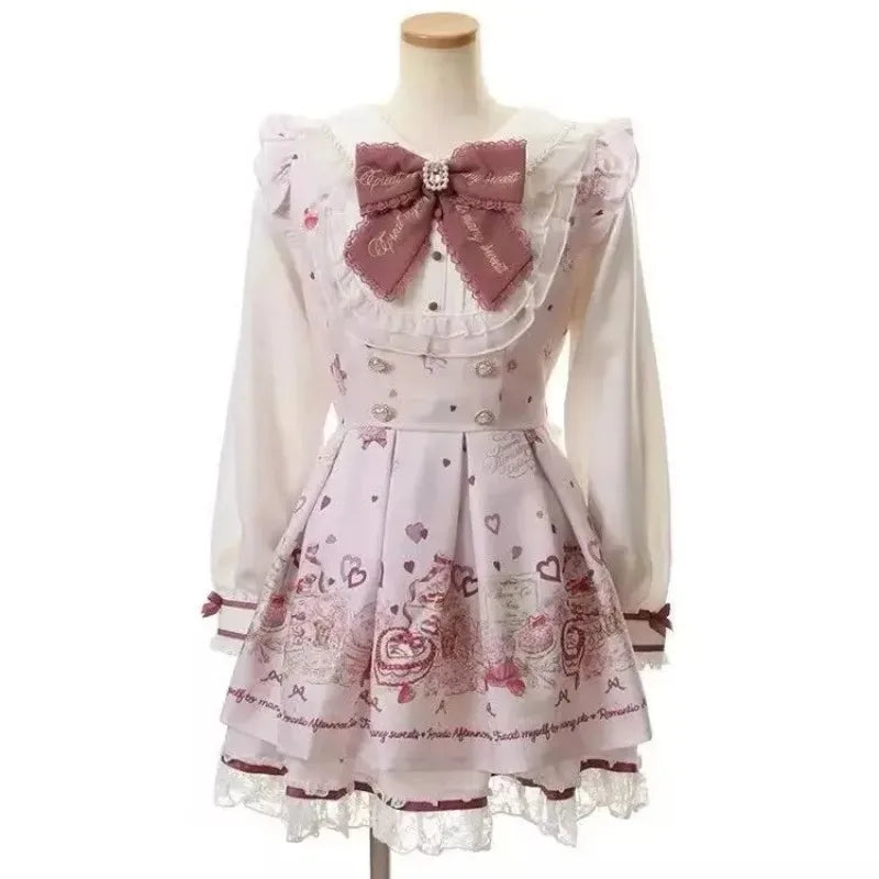 Japanese Fake Two Piece Striped Lolita Long Sleeve Shirts Women Y2k High Waist Striped Cake Skirts Spring Summer New Sets