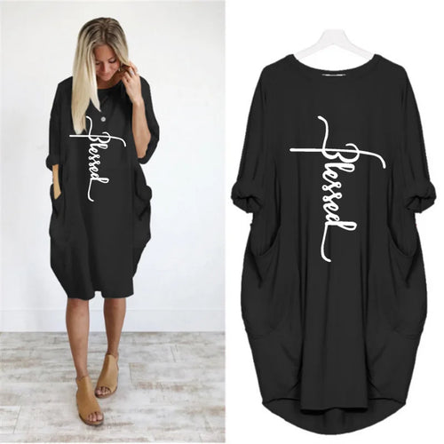 "Blessed" Print Oversized Pocket Dress – 3/4 Sleeve Loose Casual Plus Size