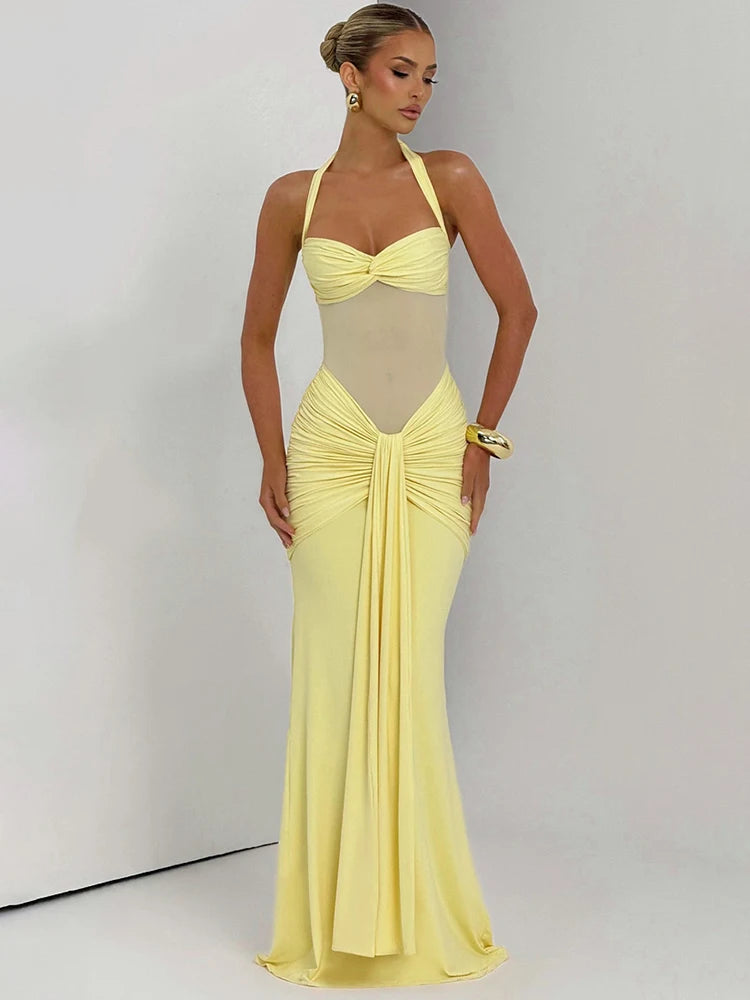 Mozision Halter Backless Sexy Maxi Dress Women Fashion Patchwork Off-shoulder Sleeveless Ruched Draped Bodycon Club Party Dress