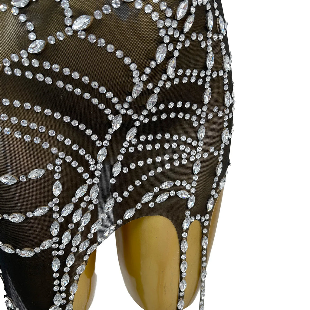 Zhizhu Black Mesh Irregular Dress Sexy Hollow Silver Rhinestone Spider Web Dress Bar Singer Dancer Celebrity Performance Costume