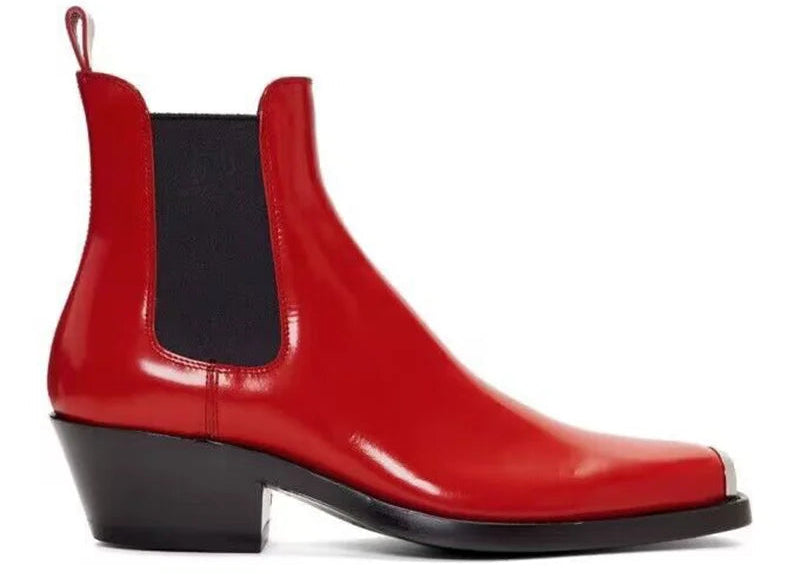 Men's Genuine Leather Chelsea Boots - Metal Square Toe Slip-On Motorcycle Ankle Boots