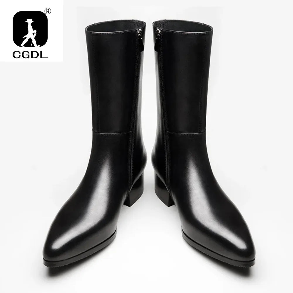 British Luxury Mid-Calf Dress Boots - Genuine Leather Pointed Toe Zip Handmade