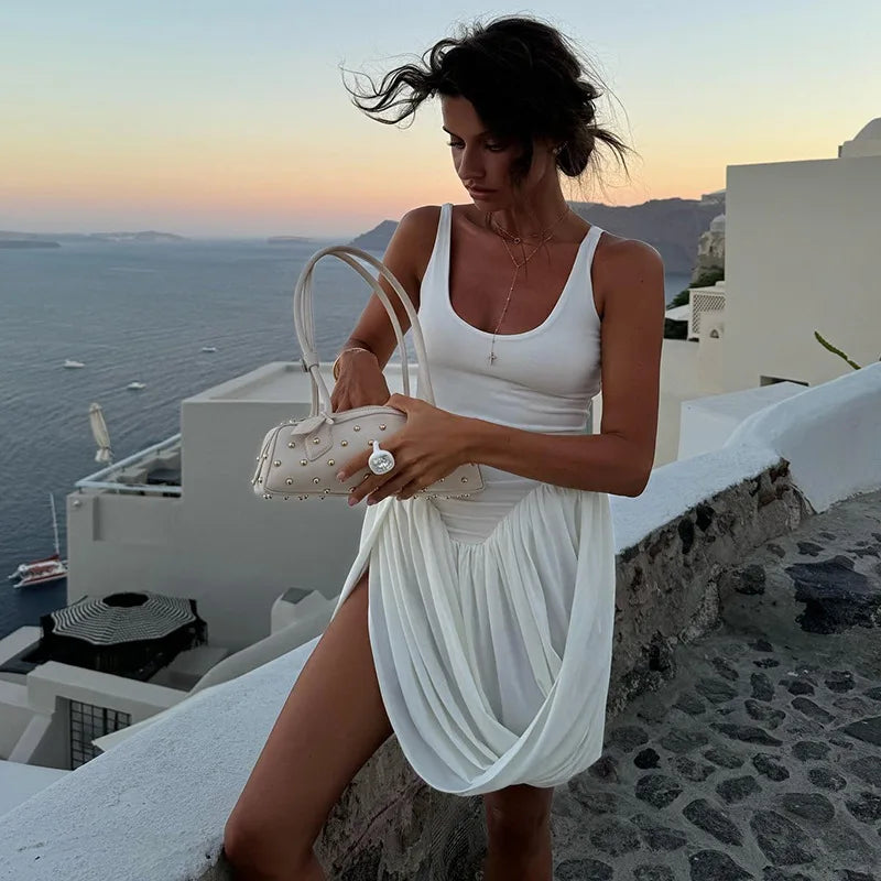 Sleeveless Pleated Split Mini Dress Women Sexy Backless Draped Tanks Dresses Basic Irregular Square Collar Party Ruched Clubwear