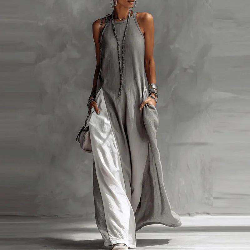 Casual Sleeveless Summer Boho Vacation Maxi Dress for Women - Sexy O-Neck Contrast Color Long Dress with Pockets - Spring A-Line Party Dresses