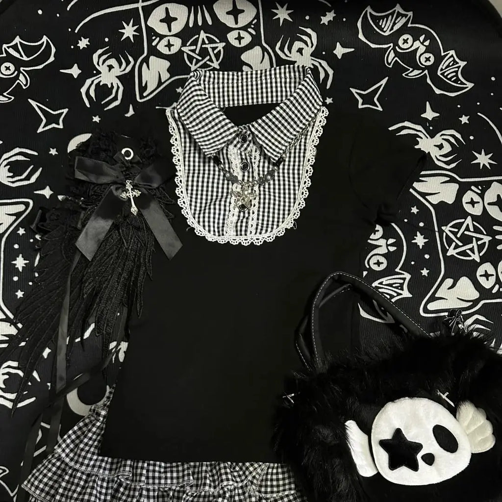 Y2k Black Short Sleeve T-Shirt Vintage Retro Black White Plaid Patchwork Button Sweet Bodycon Fit Polo Top Women Casual Summer