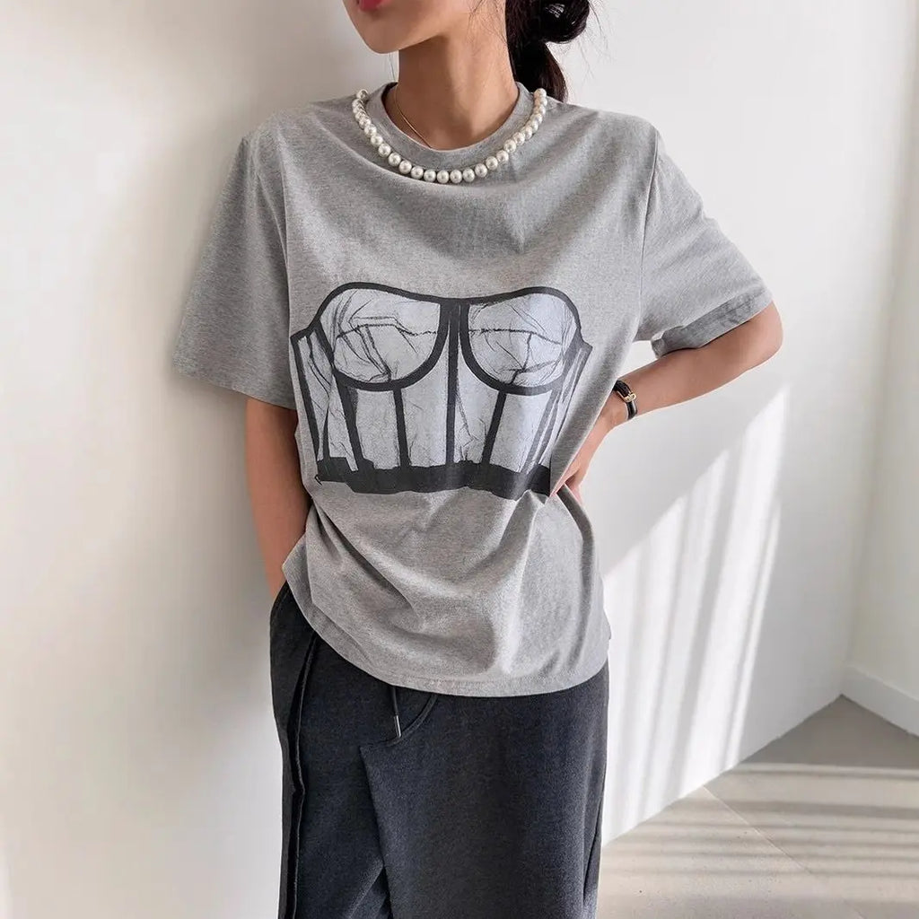 European And American Summer Loose Casual T-shirt Printed Bra Design Sexy women's Short Sleeved Shirt