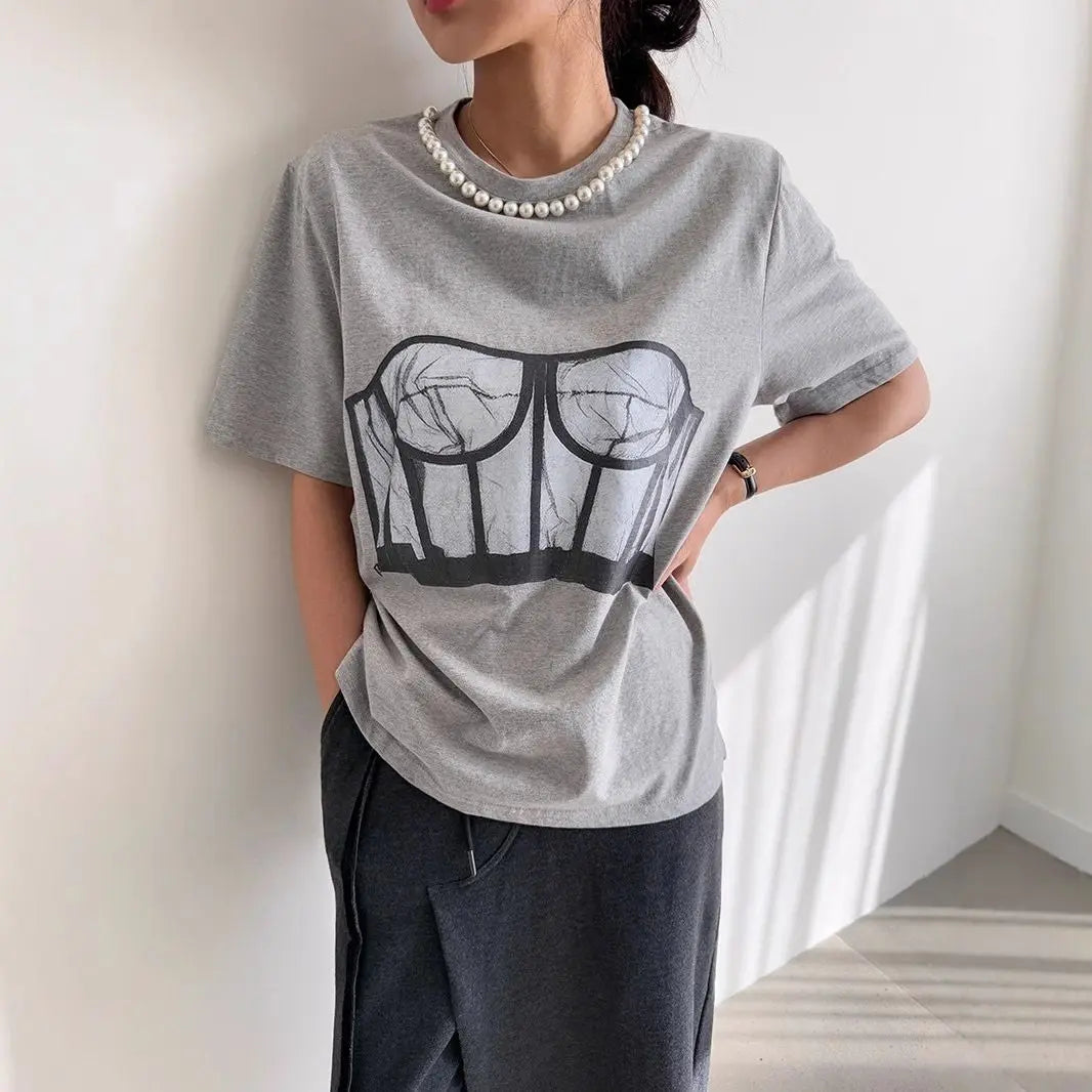 European And American Summer Loose Casual T-shirt Printed Bra Design Sexy women's Short Sleeved Shirt