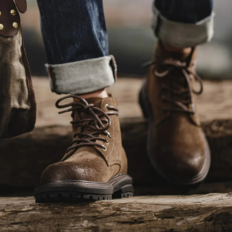 MADEN DESERT - Vintage Split Suede Ankle Boots Men - Double Welt, Rugged Sole, Lace-Up