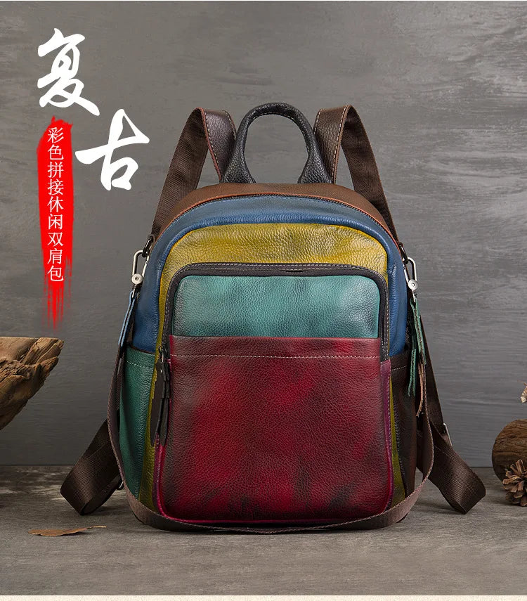 Patchwork Genuine Leather Backpack Women Cowhide Multicolor