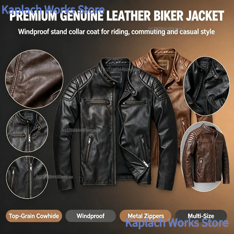 IRON HIDE - Men's 100% Genuine Cowhide Motorcycle Jacket - Stand Collar Biker Leather Coat Plus Size