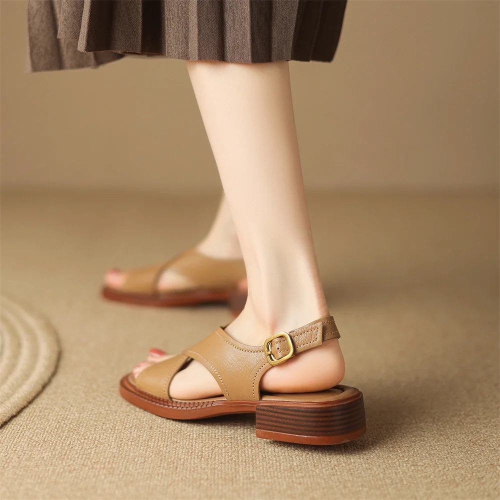Women's flat sandals genuine leather cross strap open-toe summer casual female footwear high quality soft comfortable plus size