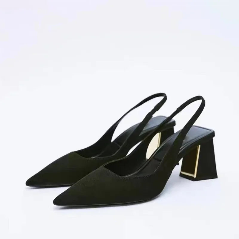 Fashion Block Heel Slingbacks Women 2025 Summer Pointed Toe Pumps Elegant Office Ladies High Heels Women's Comfortable Sandals