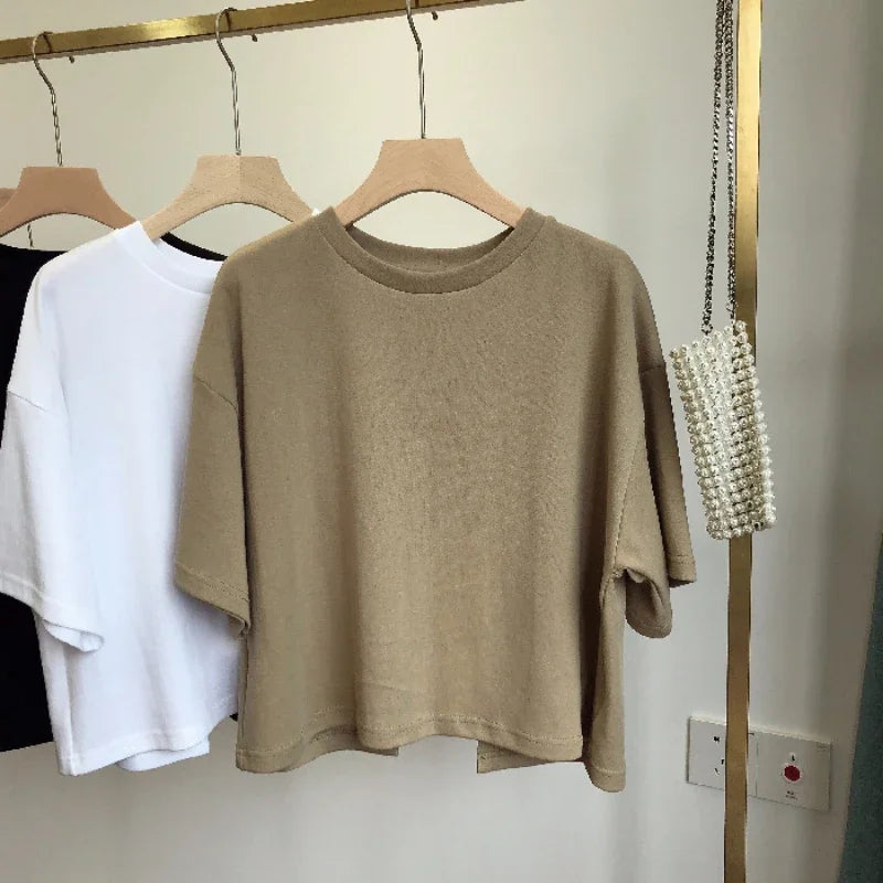 Summer Vintage Women's Short Sleeve Tee Korean Casual Backless Overside T-Shirt Round Neck Short-Sleeved Crop Tops Y2k Brown Top