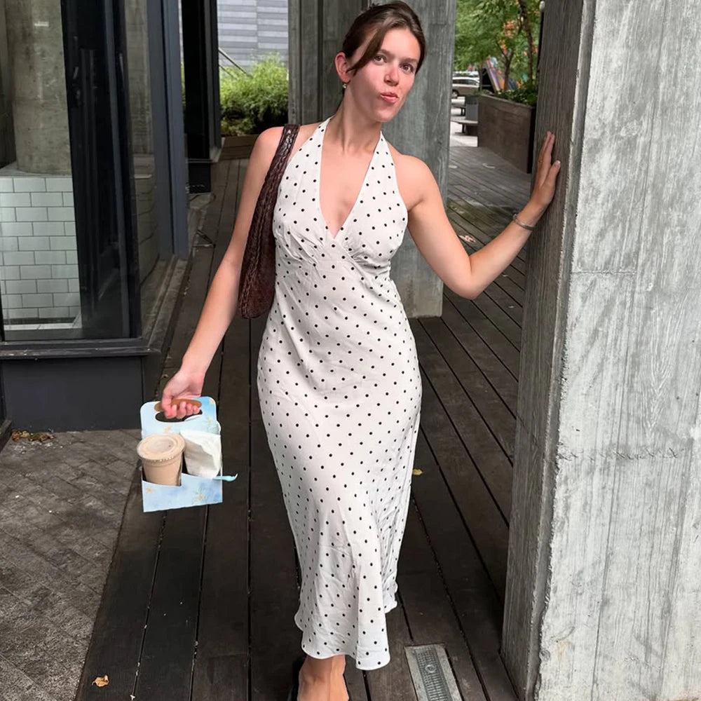 Tuularose Polka Dot Hanging Neck Long Dress Women Elegant Strapless Sexy Lace-up Sleeveless Backless Fashion Club Party Dresses