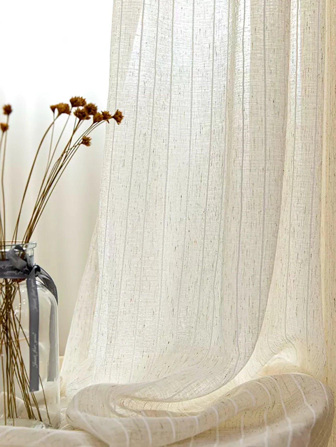 STRIPED LINEN SHEER CURTAINS - Beige Voile Panel, 4 Headings - Quiet Stripes, Easy Light