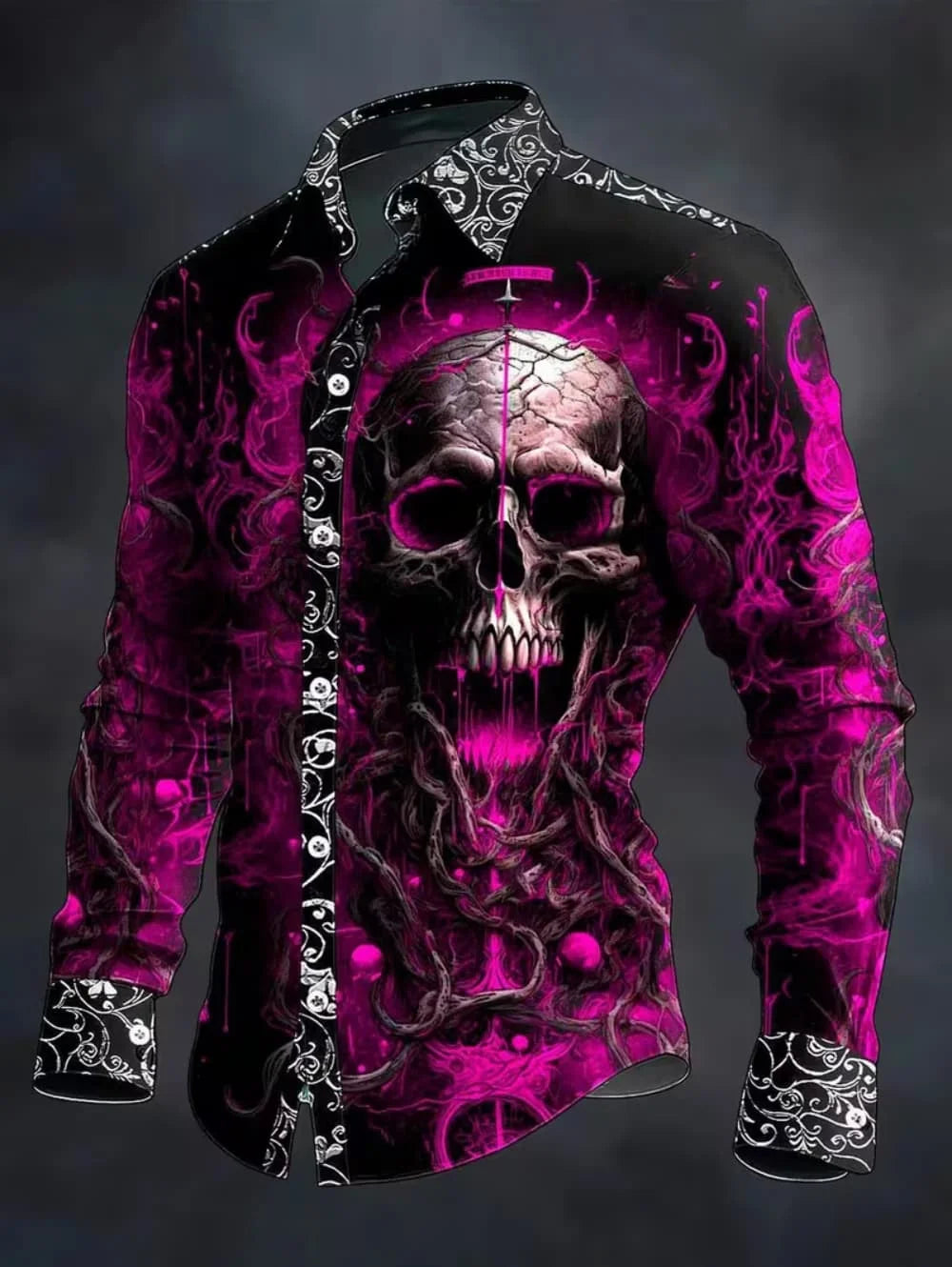 Gothic Skull Cross Shirt Men Long Sleeve Red Plaid 3D Print