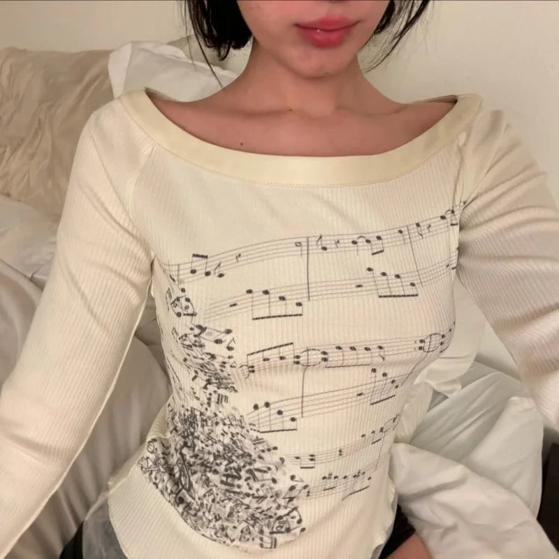 Women Y2K Graphic T-Shirts Long Sleeve Top Off Shoulder Music Score Tee Shirt Aesthetic Fairy T-Shirt Streetwear
