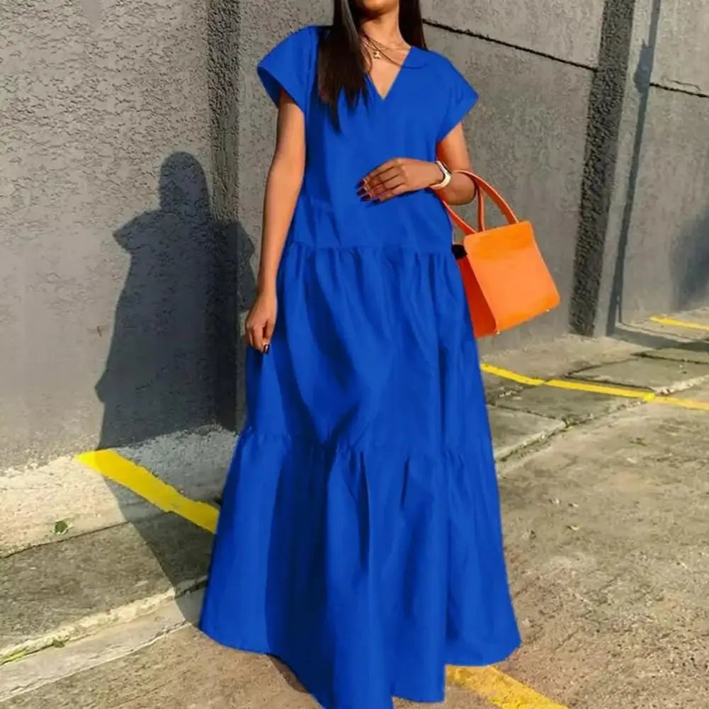 women sundress  Loose V-neck Patchwork Short Sleeves Solid Color Beach Dress Summer Women Dress Elegant Large Hem Maxi Dress