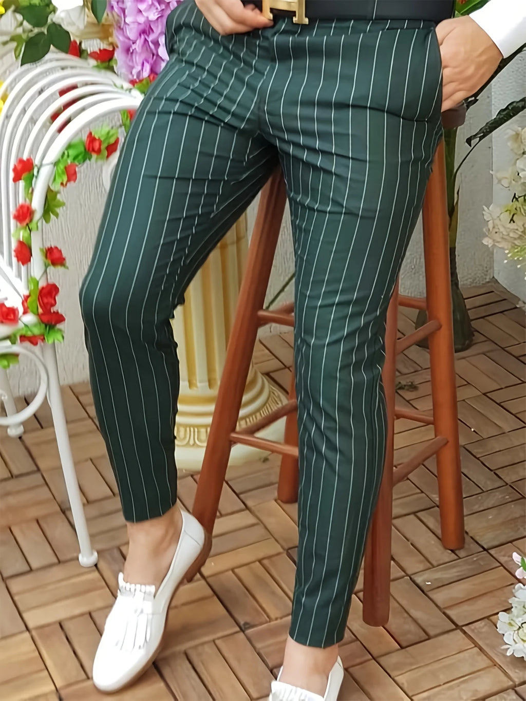 Men's Slim-Fit Striped Dress Pants - Straight Leg - Smart Casual All Year