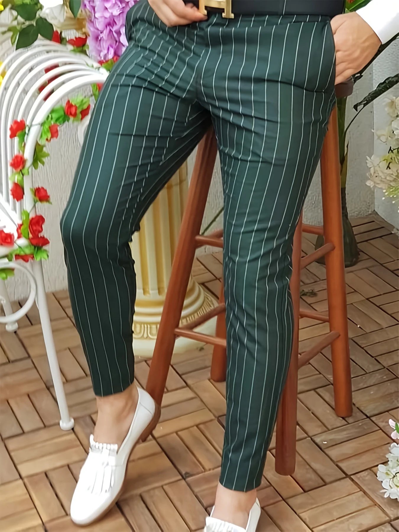 Men's Slim-Fit Striped Dress Pants - Straight Leg - Smart Casual All Year