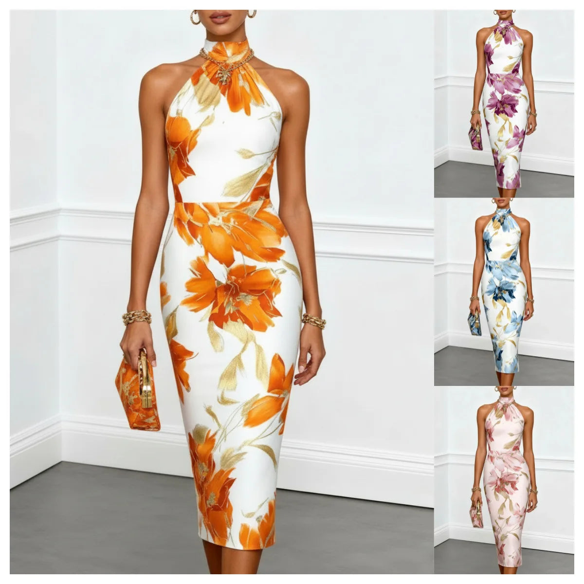 2026 Women's Sexy Slim Fit Hip-covering Floral Printed Halter Dress