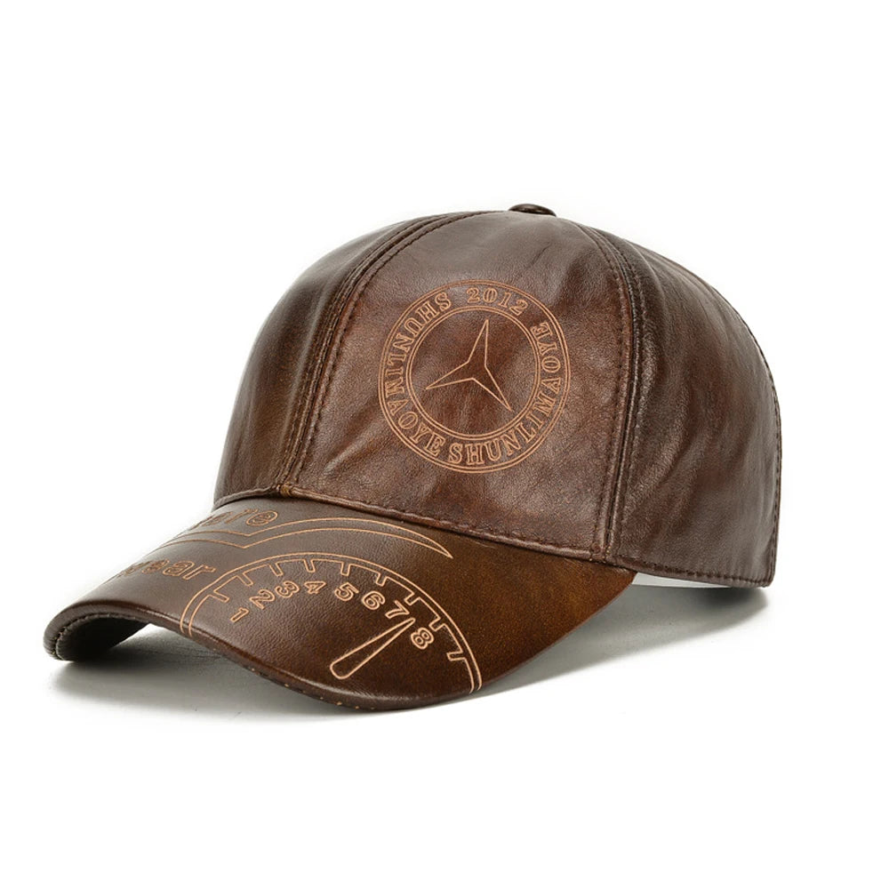 COWHIDE LEATHER BASEBALL CAP - Men's Genuine Leather Hat with Ear Protection Adjustable - Brown / Coffee