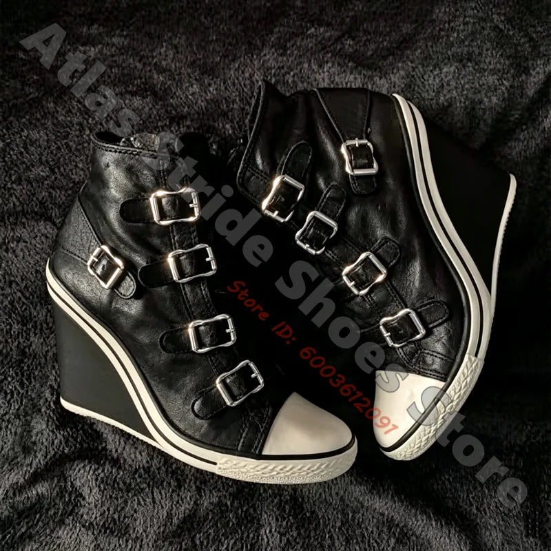 Women's Buckle Wedge Boots - PU & Platforms - Punk Rhythm